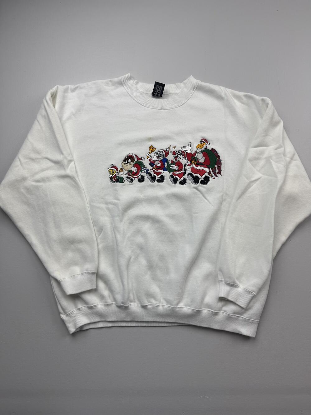 Vintage Warner Bros Studio Store Sweatshirt Mens XL White Looney Tunes Christmas